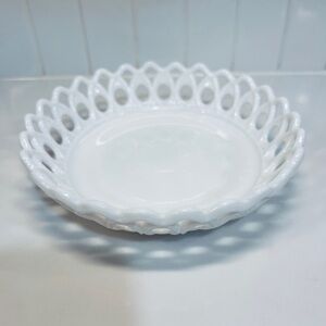 Vintage White Milk Glass Lace Dish Bowl 7 x 2
